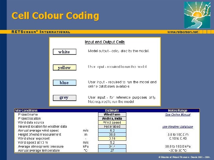 Cell Colour Coding white yellow blue grey © Minister of Natural Resources Canada 2001