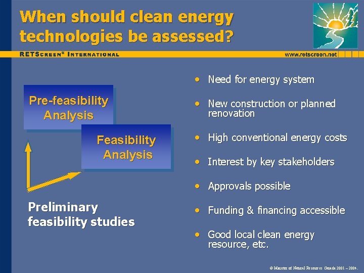 When should clean energy technologies be assessed? • Need for energy system Pre-feasibility Analysis