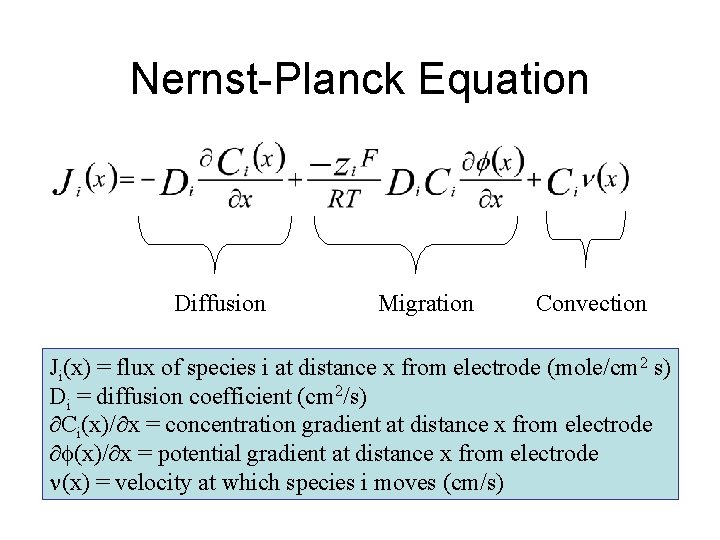 Nernst-Planck Equation Diffusion Migration Convection Ji(x) = flux of species i at distance x