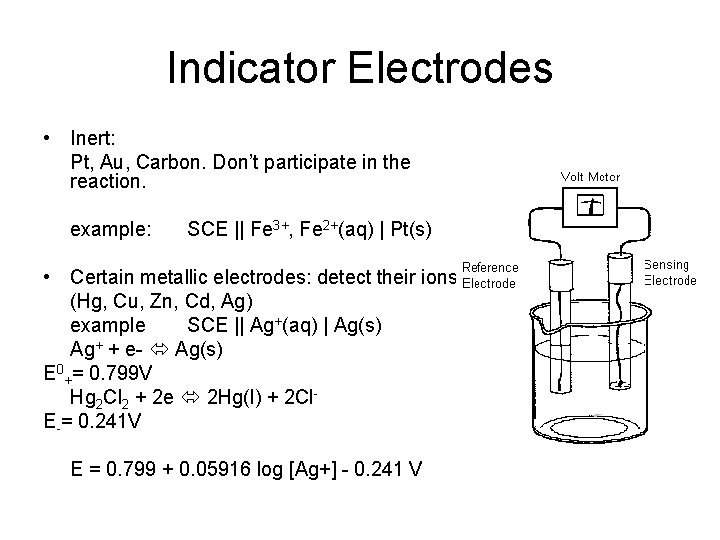 Indicator Electrodes • Inert: Pt, Au, Carbon. Don’t participate in the reaction. example: SCE