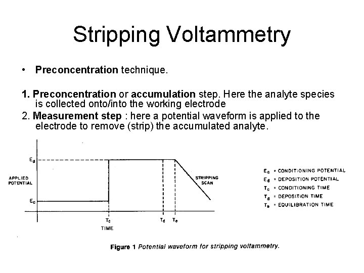 Stripping Voltammetry • Preconcentration technique. 1. Preconcentration or accumulation step. Here the analyte species