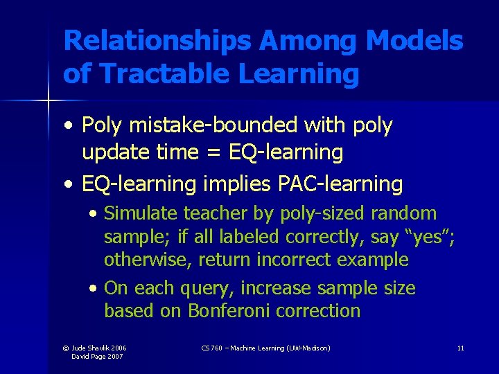 Relationships Among Models of Tractable Learning • Poly mistake-bounded with poly update time =