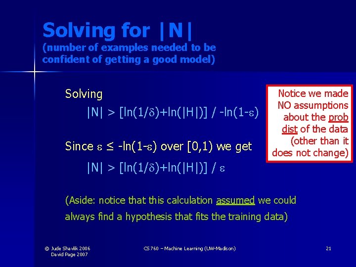 Solving for |N| (number of examples needed to be confident of getting a good