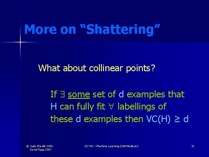 More on “Shattering” What about collinear points? If some set of d examples that