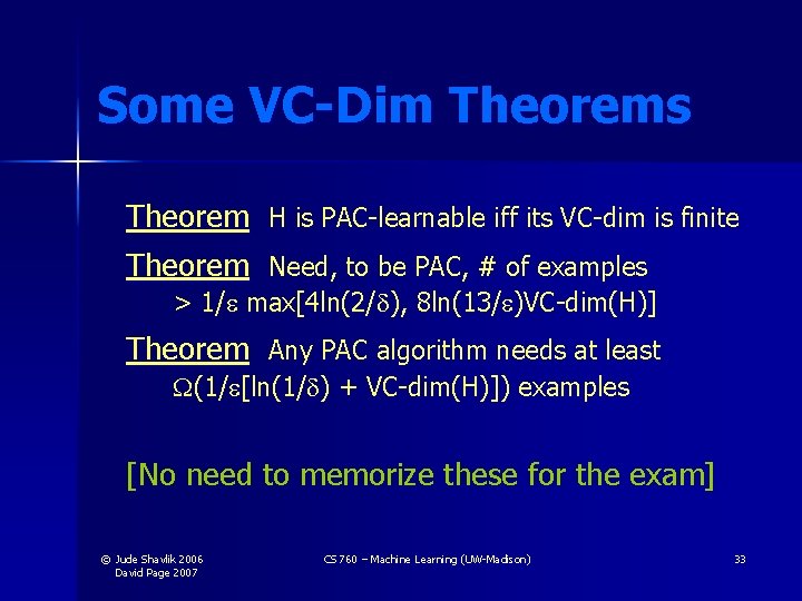 Some VC-Dim Theorems Theorem H is PAC-learnable iff its VC-dim is finite Theorem Need,