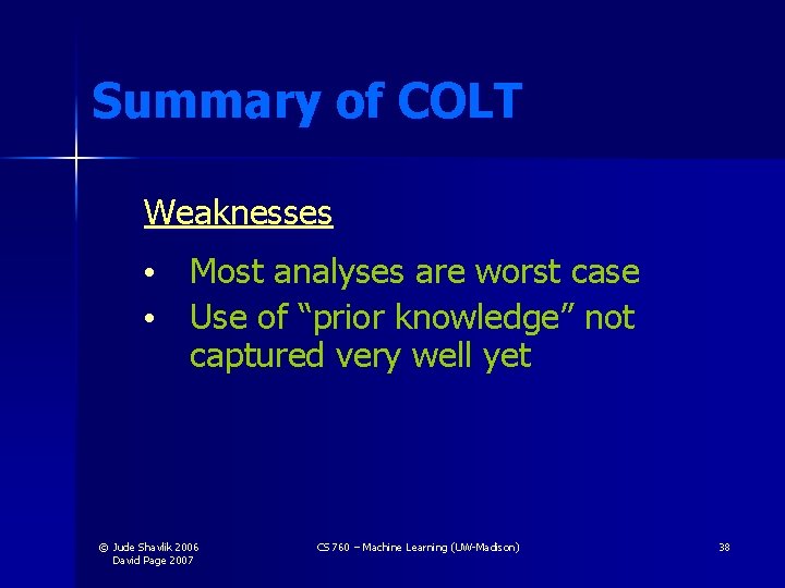 Summary of COLT Weaknesses • Most analyses are worst case • Use of “prior