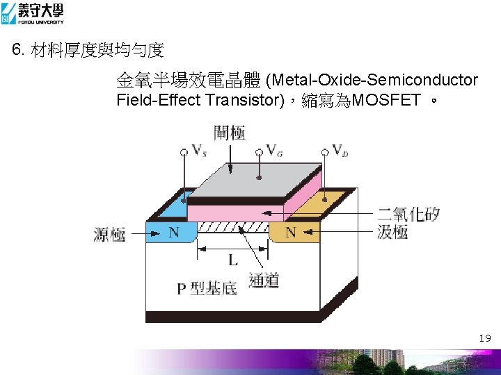 6. 材料厚度與均勻度 金氧半場效電晶體 (Metal-Oxide-Semiconductor Field-Effect Transistor)，縮寫為MOSFET 。 19 