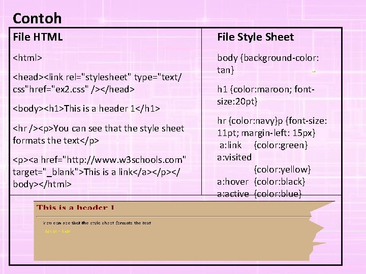 Contoh File HTML File Style Sheet <html> body {background-color: tan} <head><link rel="stylesheet" type="text/ css"href="ex