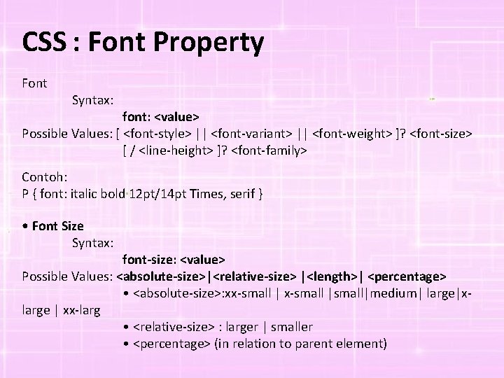 CSS : Font Property Font Syntax: font: <value> Possible Values: [ <font-style> || <font-variant>