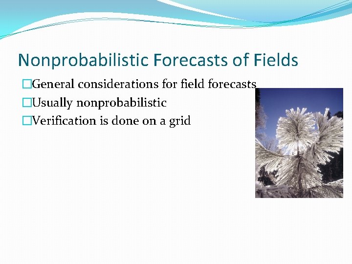 Nonprobabilistic Forecasts of Fields �General considerations for field forecasts �Usually nonprobabilistic �Verification is done