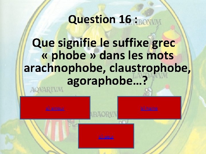 Question 16 : Que signifie le suffixe grec « phobe » dans les mots Question 16 : Que signifie le suffixe grec « phobe » dans les mots