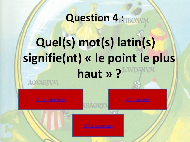 Question 4 : Quel(s) mot(s) latin(s) signifie(nt) « le point le plus haut » Question 4 : Quel(s) mot(s) latin(s) signifie(nt) « le point le plus haut »