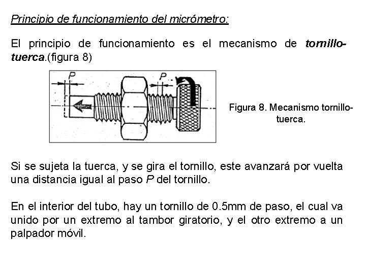 Principio de funcionamiento del micrómetro: El principio de funcionamiento es el mecanismo de tornillotuerca.