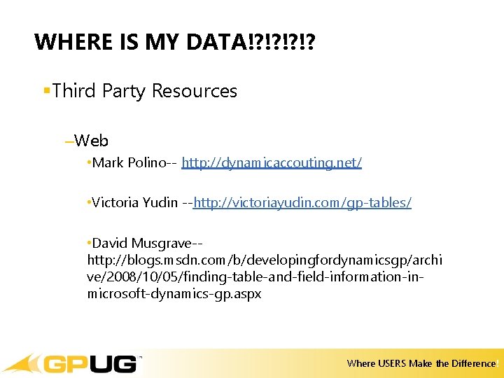 WHERE IS MY DATA!? !? §Third Party Resources –Web • Mark Polino-- http: //dynamicaccouting. WHERE IS MY DATA!? !? §Third Party Resources –Web • Mark Polino-- http: //dynamicaccouting.