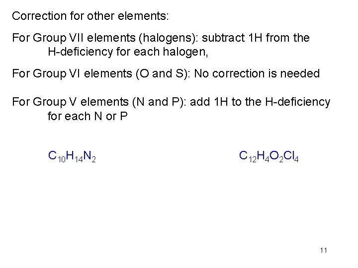 Correction for other elements: For Group VII elements (halogens): subtract 1 H from the