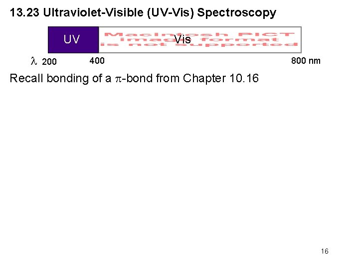 13. 23 Ultraviolet-Visible (UV-Vis) Spectroscopy UV Vis 400 200 Recall bonding of a -bond