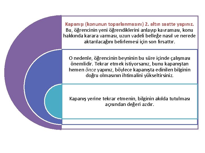 Kapanışı (konunun toparlanmasını) 2. altın saatte yapınız. Bu, öğrencinin yeni öğrendiklerini anlayıp kavraması, konu