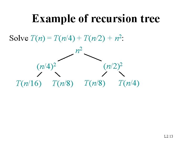 Example of recursion tree Solve T(n) = T(n/4) + T(n/2) + n 2: n
