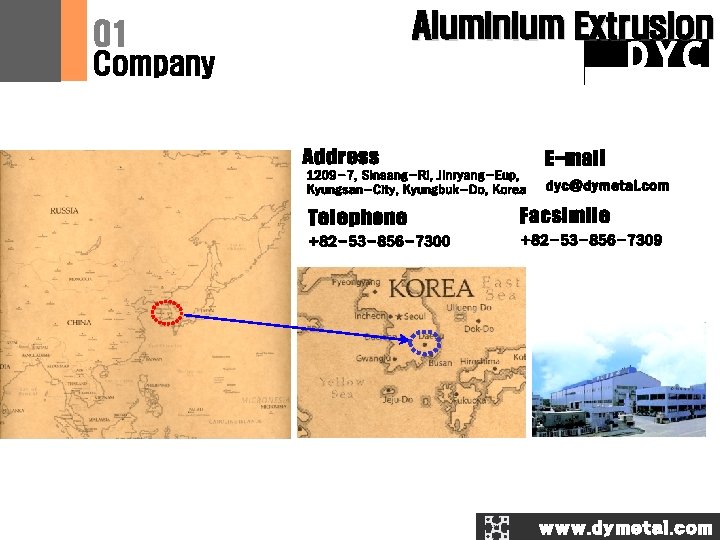 Aluminium Extrusion 01 DYC Company Address E-mail 1209 -7, Sinsang-Ri, Jinryang-Eup, Kyungsan-City, Kyungbuk-Do, Korea