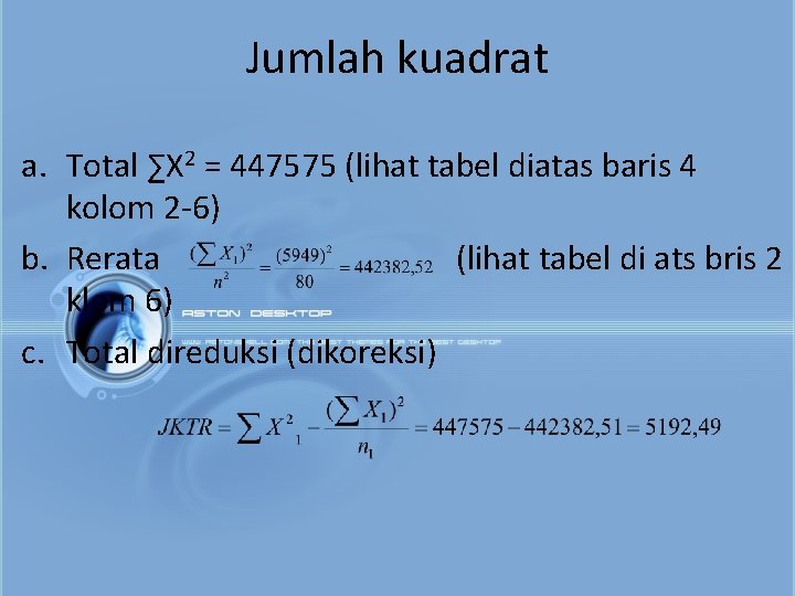 Jumlah kuadrat a. Total ∑X 2 = 447575 (lihat tabel diatas baris 4 kolom
