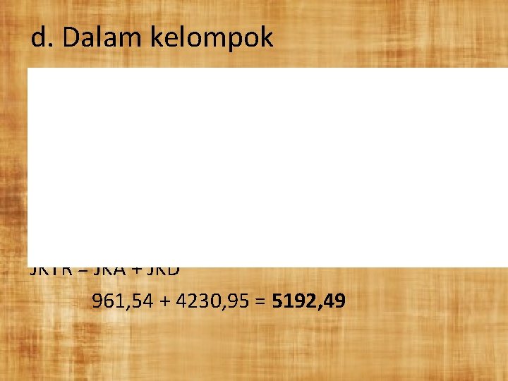 d. Dalam kelompok JKTR = JKA + JKD 961, 54 + 4230, 95 =
