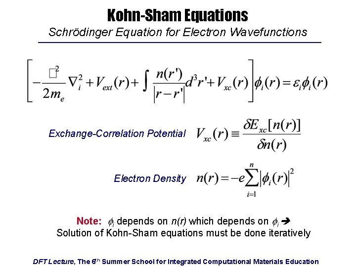 Kohn-Sham Equations Schrödinger Equation for Electron Wavefunctions Exchange-Correlation Potential Electron Density Note: fi depends