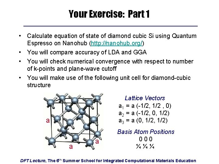 Your Exercise: Part 1 • Calculate equation of state of diamond cubic Si using