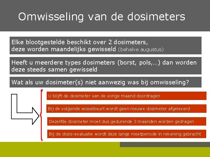  Omwisseling van de dosimeters Elke blootgestelde beschikt over 2 dosimeters, deze worden maandelijks