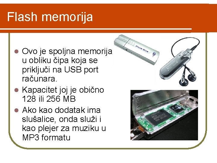 Flash memorija Ovo je spoljna memorija u obliku čipa koja se priključi na USB