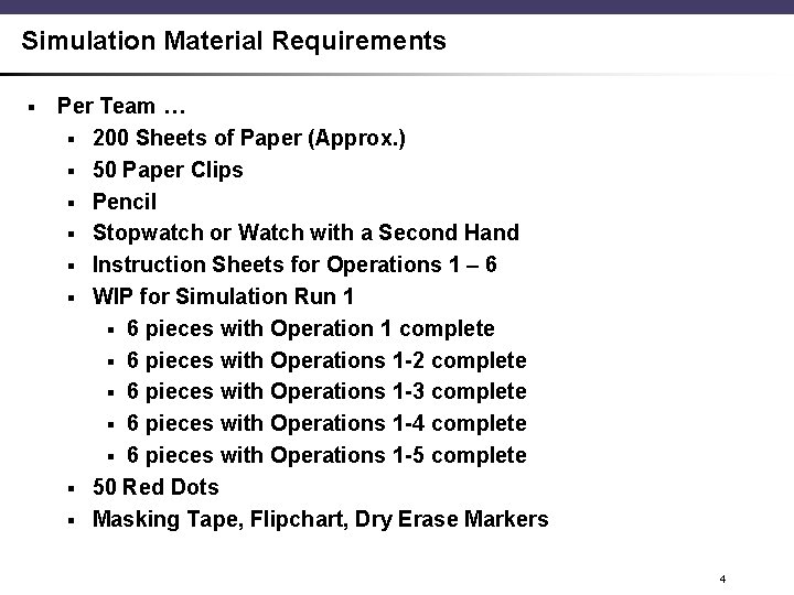 Simulation Material Requirements § Per Team … § 200 Sheets of Paper (Approx. )