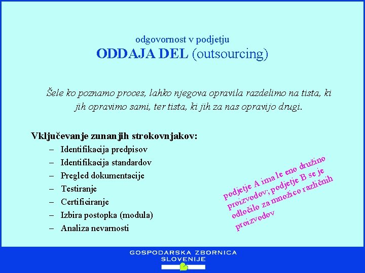 odgovornost v podjetju ODDAJA DEL (outsourcing) Šele ko poznamo proces, lahko njegova opravila razdelimo