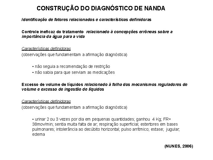 CONSTRUÇÃO DO DIAGNÓSTICO DE NANDA Identificação de fatores relacionados e características definidoras Controle ineficaz