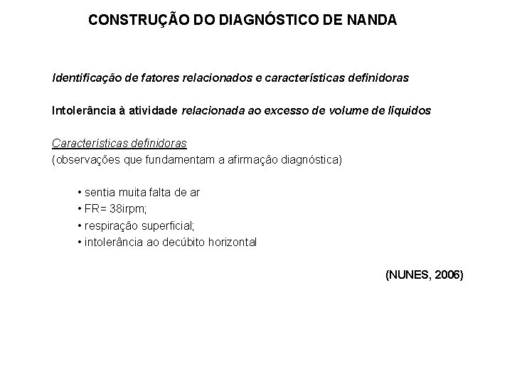 CONSTRUÇÃO DO DIAGNÓSTICO DE NANDA Identificação de fatores relacionados e características definidoras Intolerância à