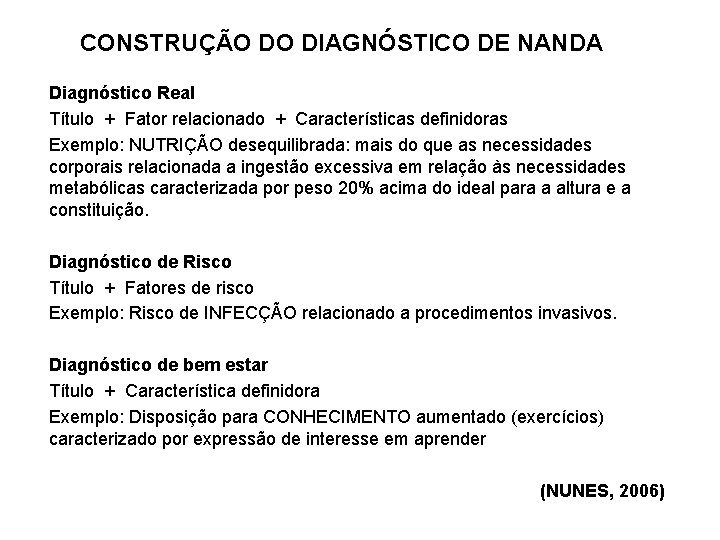 CONSTRUÇÃO DO DIAGNÓSTICO DE NANDA Diagnóstico Real Título + Fator relacionado + Características definidoras