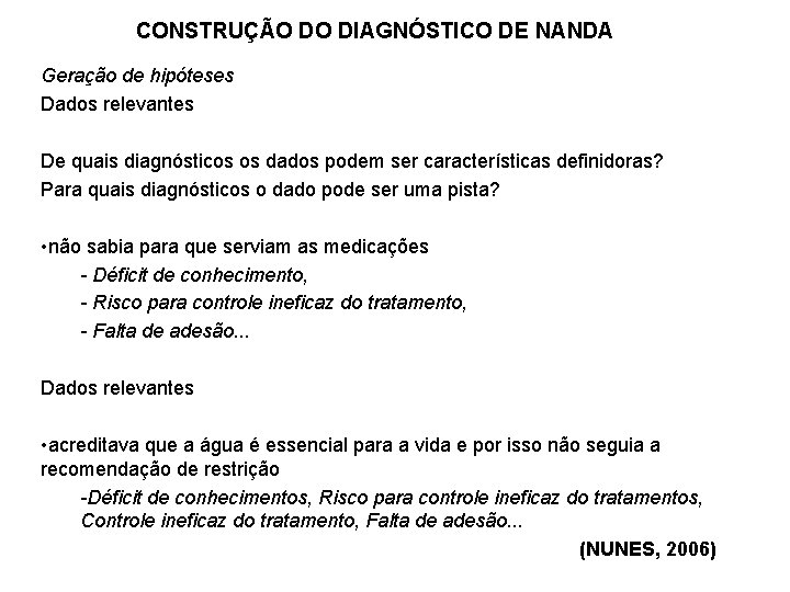 CONSTRUÇÃO DO DIAGNÓSTICO DE NANDA Geração de hipóteses Dados relevantes De quais diagnósticos os