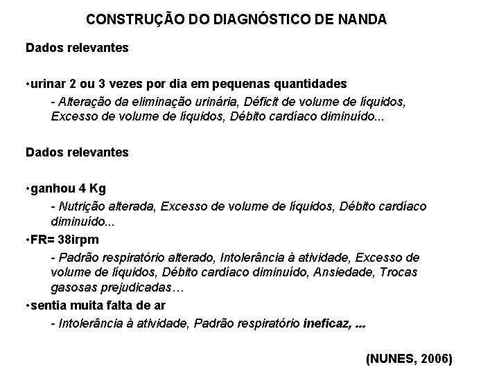 CONSTRUÇÃO DO DIAGNÓSTICO DE NANDA Dados relevantes • urinar 2 ou 3 vezes por