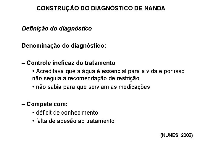 CONSTRUÇÃO DO DIAGNÓSTICO DE NANDA Definição do diagnóstico Denominação do diagnóstico: – Controle ineficaz