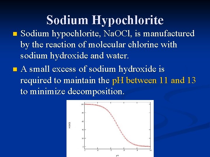 Sodium Hypochlorite Sodium hypochlorite, Na. OCl, is manufactured by the reaction of molecular chlorine