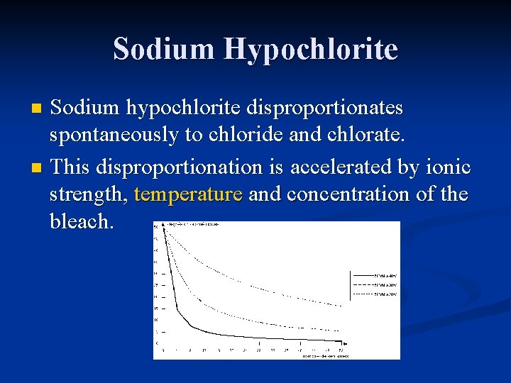 Sodium Hypochlorite Sodium hypochlorite disproportionates spontaneously to chloride and chlorate. n This disproportionation is