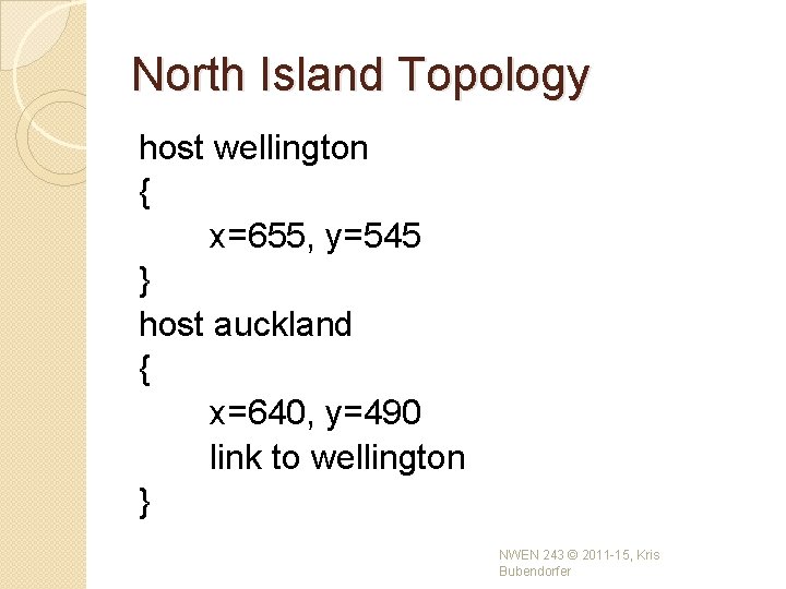 North Island Topology host wellington { x=655, y=545 } host auckland { x=640, y=490 North Island Topology host wellington { x=655, y=545 } host auckland { x=640, y=490