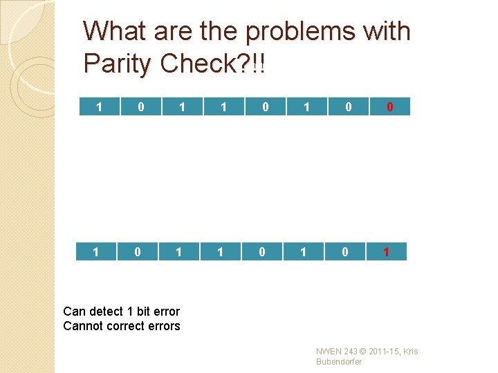 What are the problems with Parity Check? !! 1 0 1 0 0 1 What are the problems with Parity Check? !! 1 0 1 0 0 1