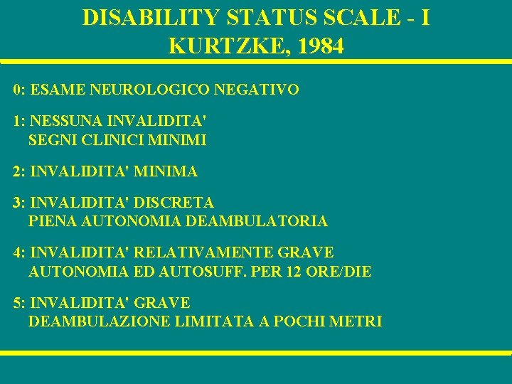 DISABILITY STATUS SCALE - I KURTZKE, 1984 0: ESAME NEUROLOGICO NEGATIVO 1: NESSUNA INVALIDITA'