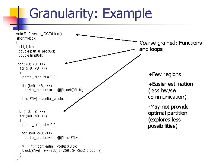 Granularity: Example void Reference_IDCT(block) short *block; { int i, j, k, v; double partial_product;