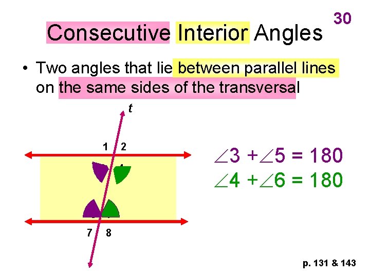 Consecutive Interior Angles 30 • Two angles that lie between parallel lines on the