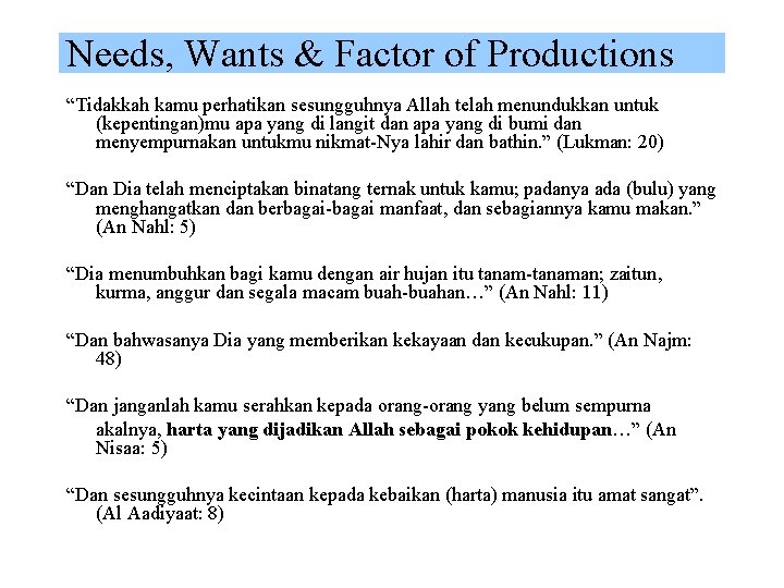 Needs, Wants & Factor of Productions “Tidakkah kamu perhatikan sesungguhnya Allah telah menundukkan untuk