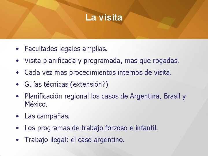 La visita • Facultades legales amplias. • Visita planificada y programada, mas que rogadas.