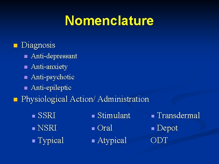Nomenclature n Diagnosis n n n Anti-depressant Anti-anxiety Anti-psychotic Anti-epileptic Physiological Action/ Administration SSRI
