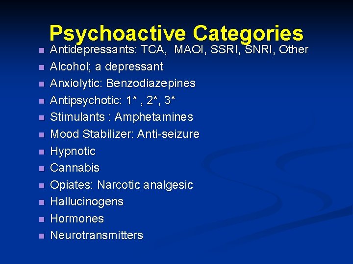n n n Psychoactive Categories Antidepressants: TCA, MAOI, SSRI, SNRI, Other Alcohol; a depressant