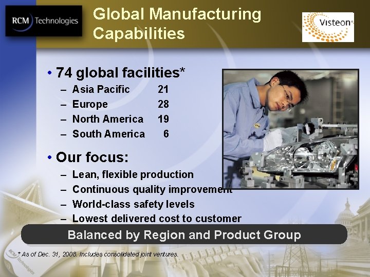 Global Manufacturing Capabilities • 74 global facilities* – – Asia Pacific Europe North America