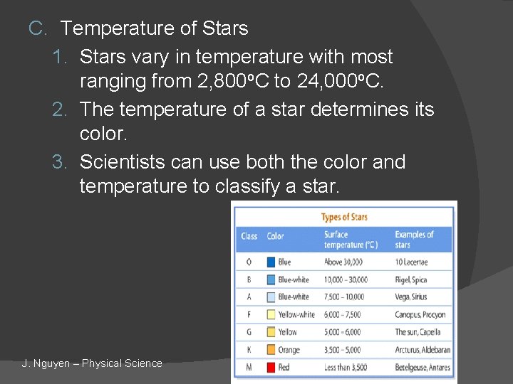 C. Temperature of Stars 1. Stars vary in temperature with most ranging from 2,